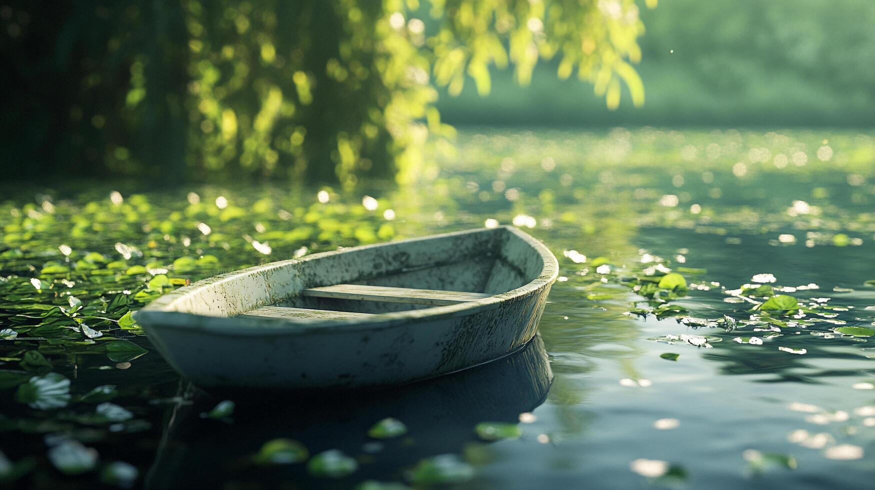 An inviting scene of an old rustic boat resting quietly among the lush greenery and floating lily pads, creating a serene atmosphere in a natural setting. photo