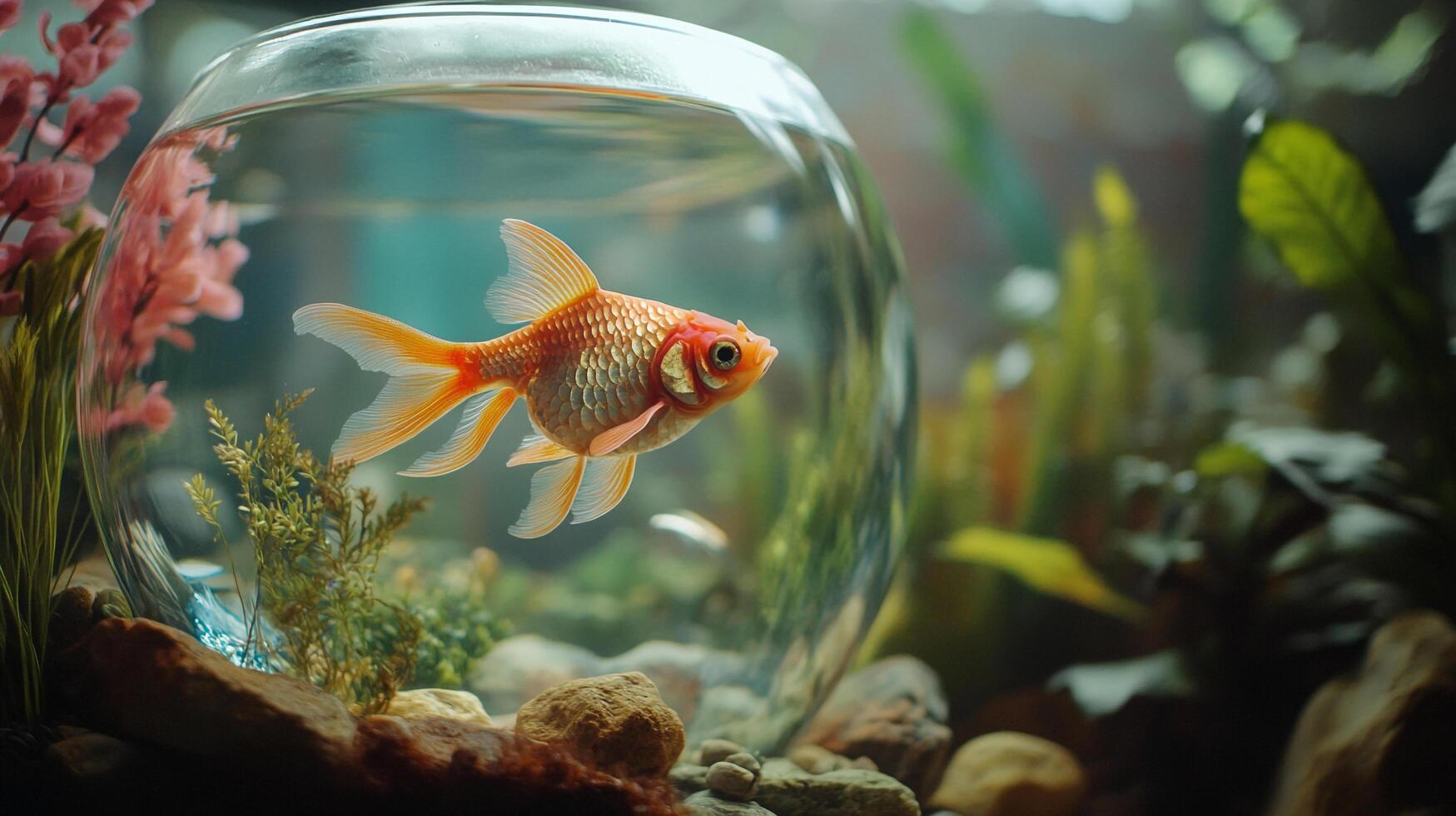 A vibrant goldfish swims gracefully in a glass aquarium filled with pebbles and aquatic plants, showcasing the beauty of underwater life in a lively display. photo