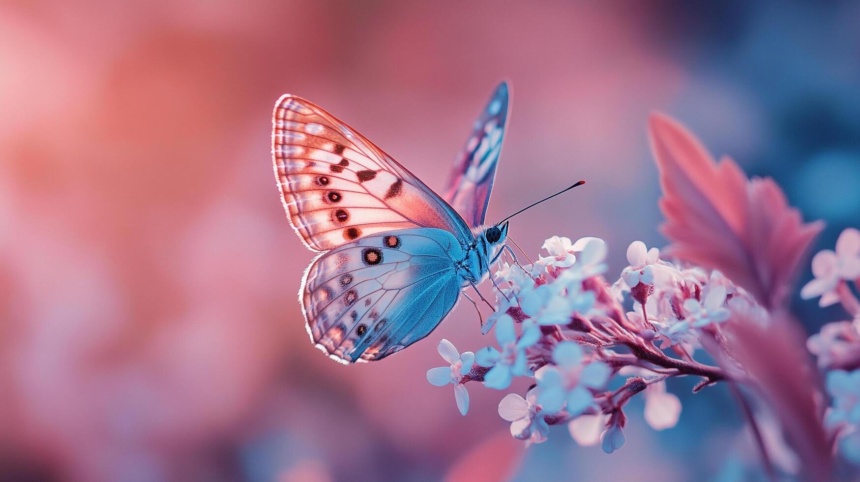 A stunning butterfly perched gracefully on flowers, illuminated by soft pastel light, capturing the essence of delicate beauty and the tranquility of nature in perfect harmony. photo