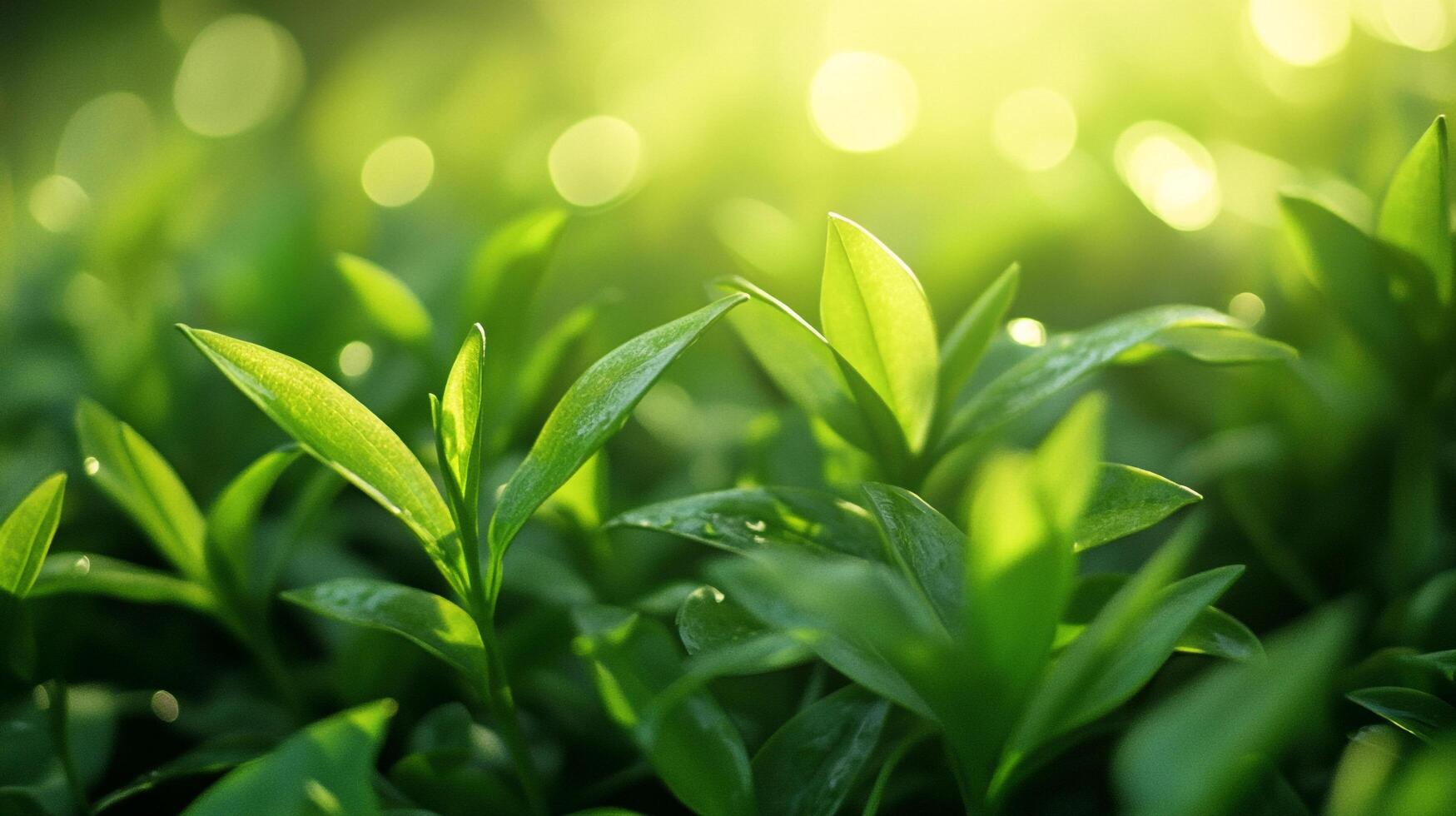 Vibrant green plants bathed in soft sunlight create a tranquil scene, enhanced by the dreamy bokeh effect that captures the essence of nature's beauty. photo