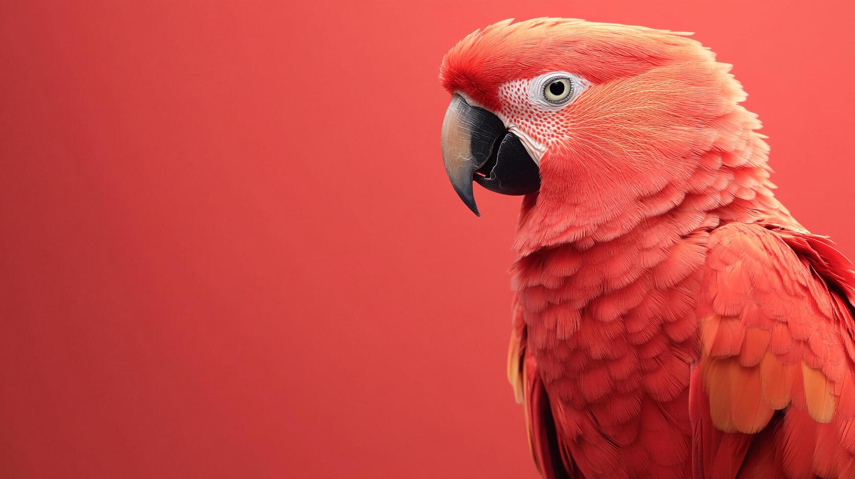 A vivid close-up of a bright red parrot perched against a bold backdrop, displaying its exquisite feathers and facial features, ideal for wildlife and avian enthusiasts. photo
