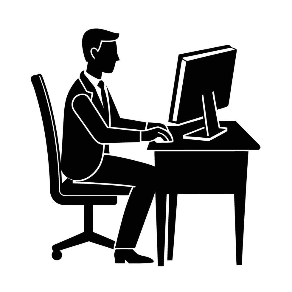 Professional at desktop computer engaged in data processing for strategic insights vector