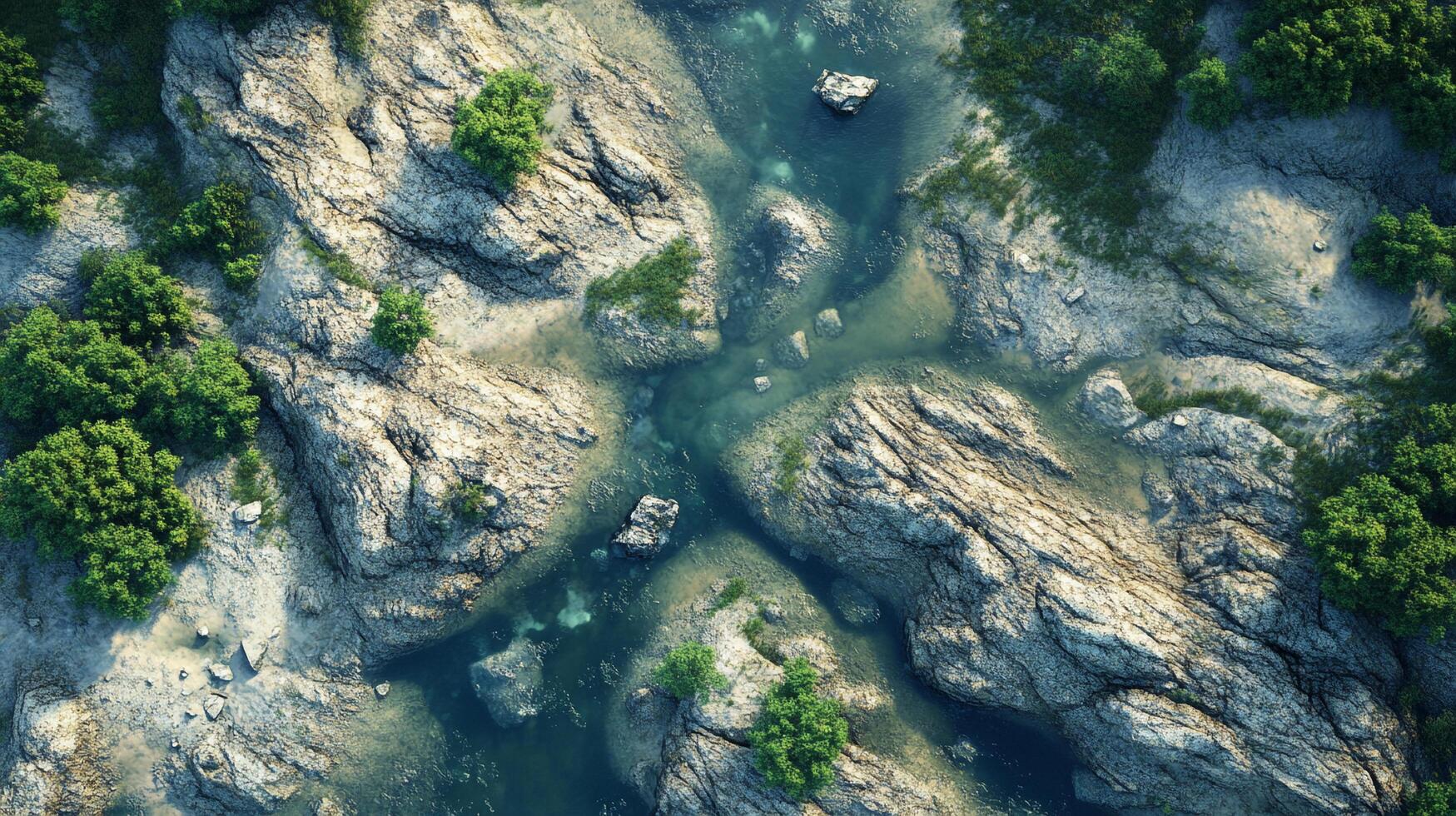 An artistic bird's-eye view showcasing rocky terrain intertwined with lush greenery, emphasizing the natural beauty and ruggedness of the landscape. photo