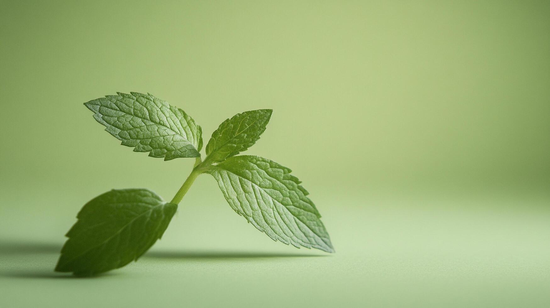 Close-up capture of vibrant mint leaves against a smooth green backdrop reflects the essence of freshness, nature, and organic life in a minimalist style. photo