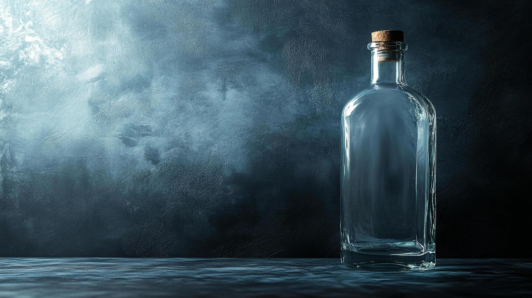 An elegant, vintage glass bottle with a natural cork stopper stands in soft light, embodying simplicity and versatility for various artistic or functional uses. photo
