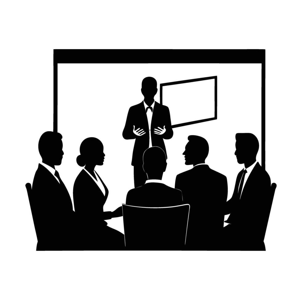 Business team discussing strategy in front of a projector screen for innovation vector