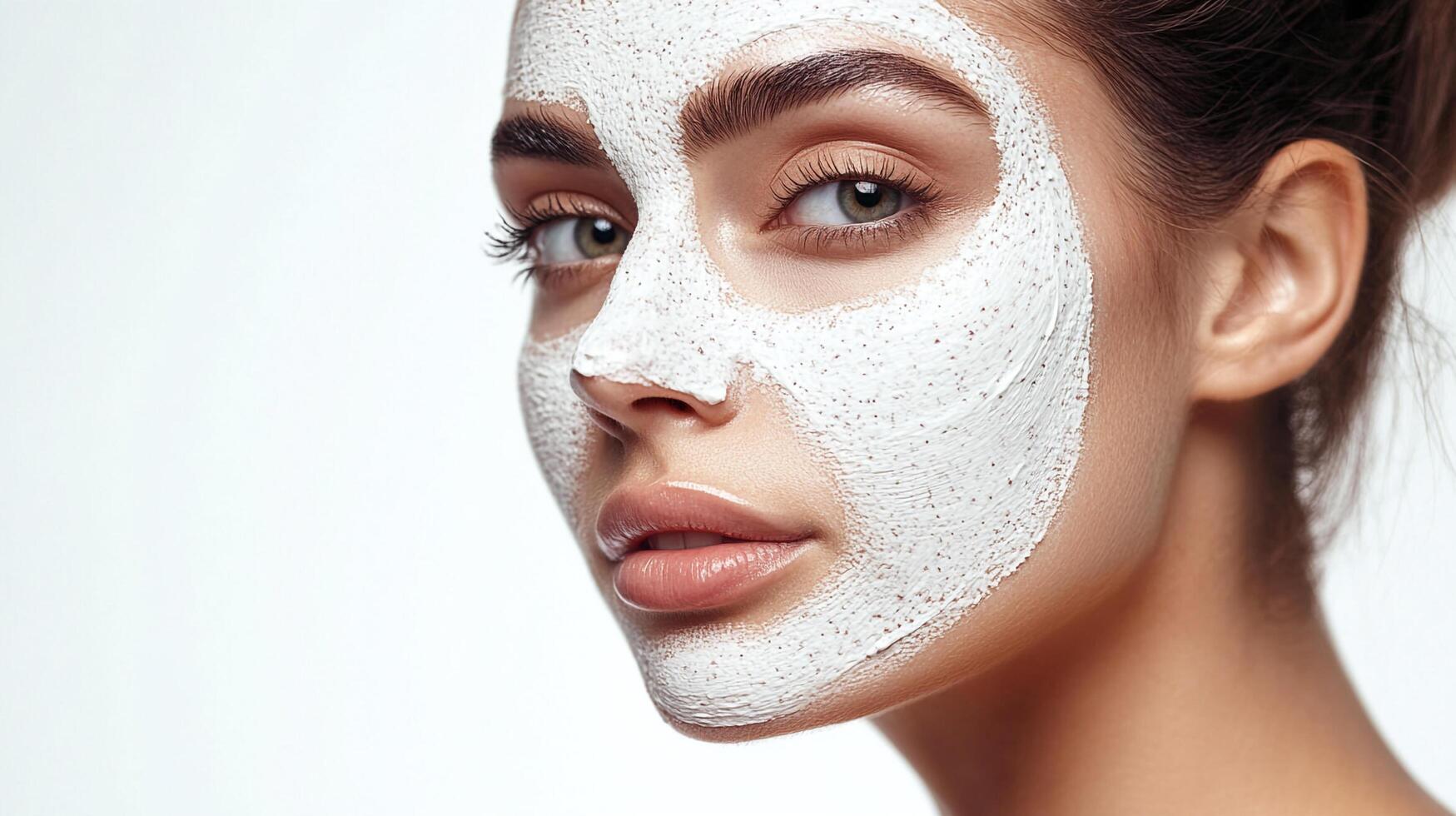 Woman's face covered in a white facial mask, focusing on skincare, beauty, and a clean, fresh complexion against a bright backdrop. photo