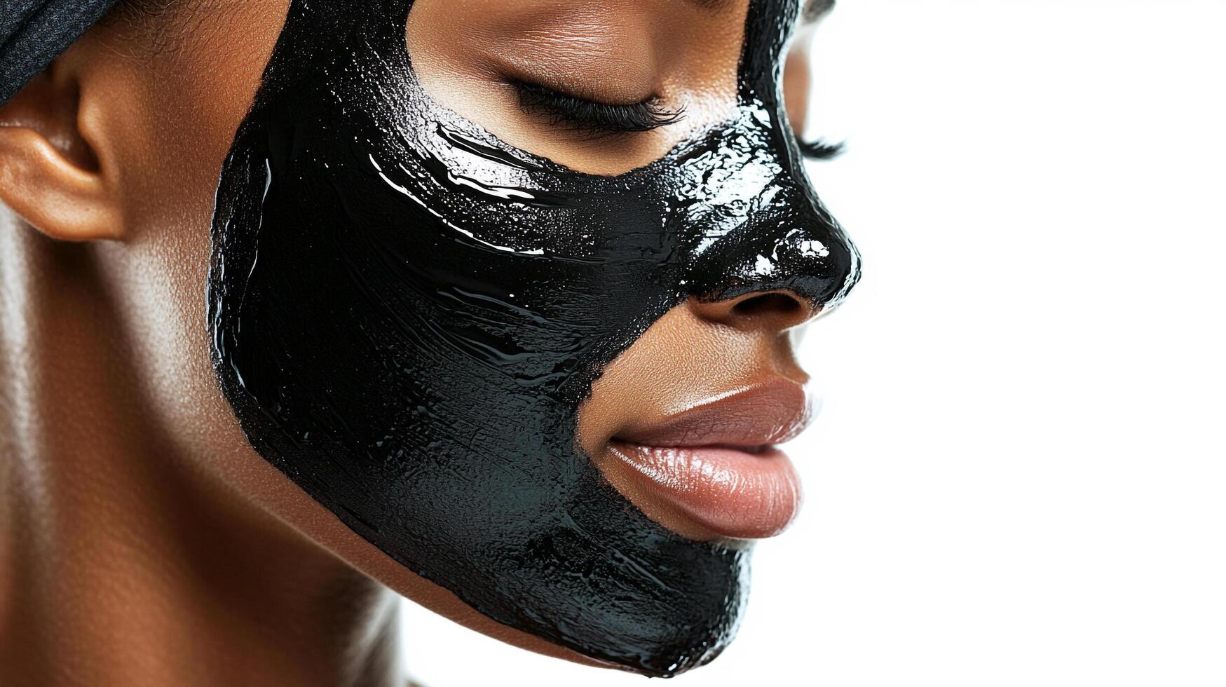 Woman with a clay facial mask on, she is relaxed and has her eyes closed. She is getting a skincare treatment. Beauty portrait of a woman. photo
