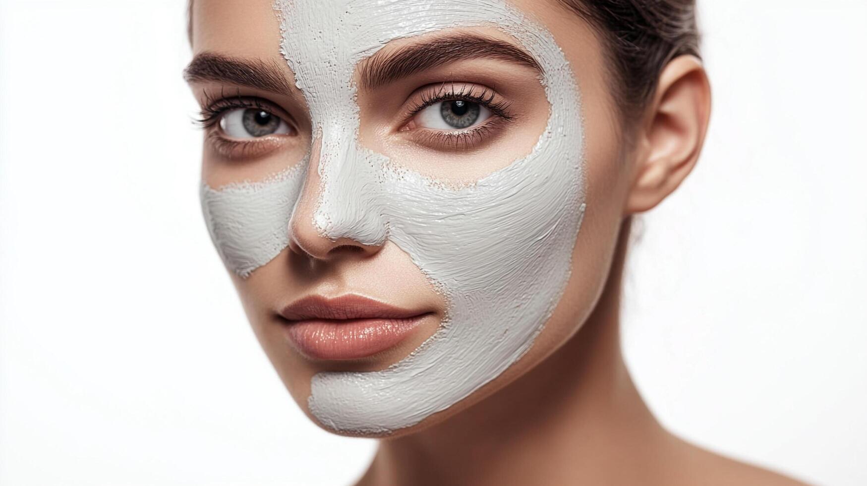 Woman with a facial mask, skincare treatment. Close-up portrait on a white background. Spa day for healthy skin and self-care routine. photo