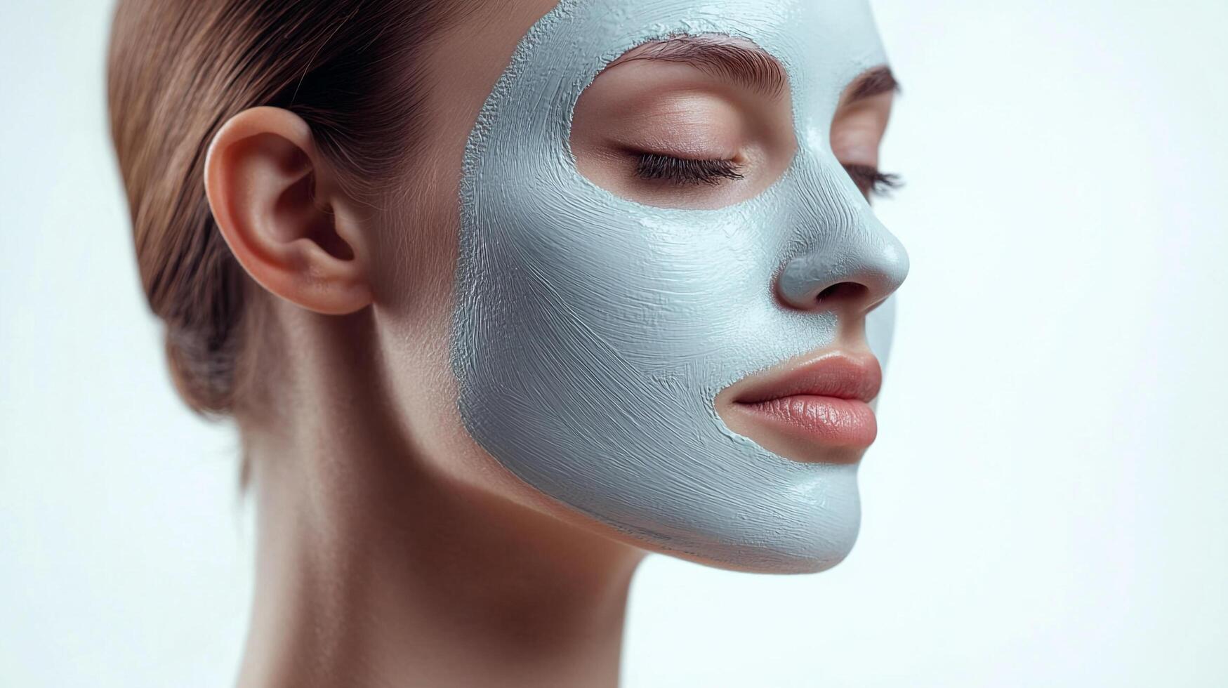 Side profile of a woman with a light blue facial mask. Eyes are closed. Relaxation and personal care treatment concept. photo