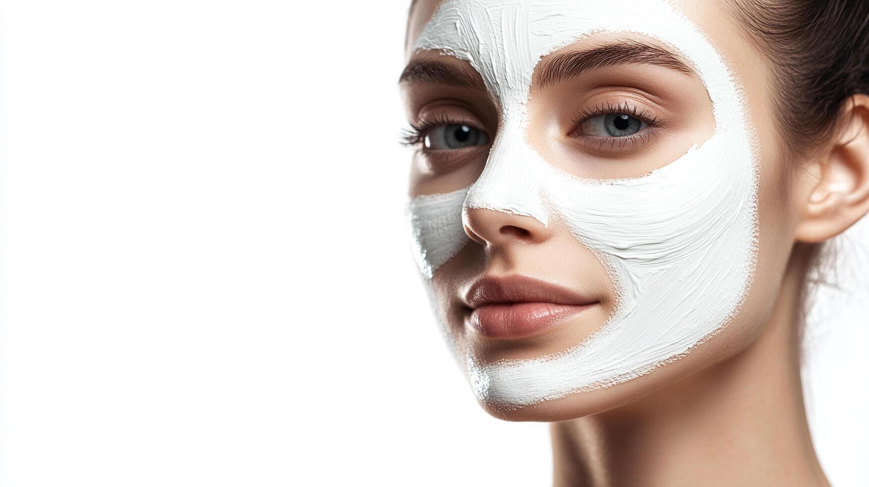 A serene portrait of a woman with a face mask, radiating beauty and self-care against a crisp, white background. Minimalist and peaceful. photo