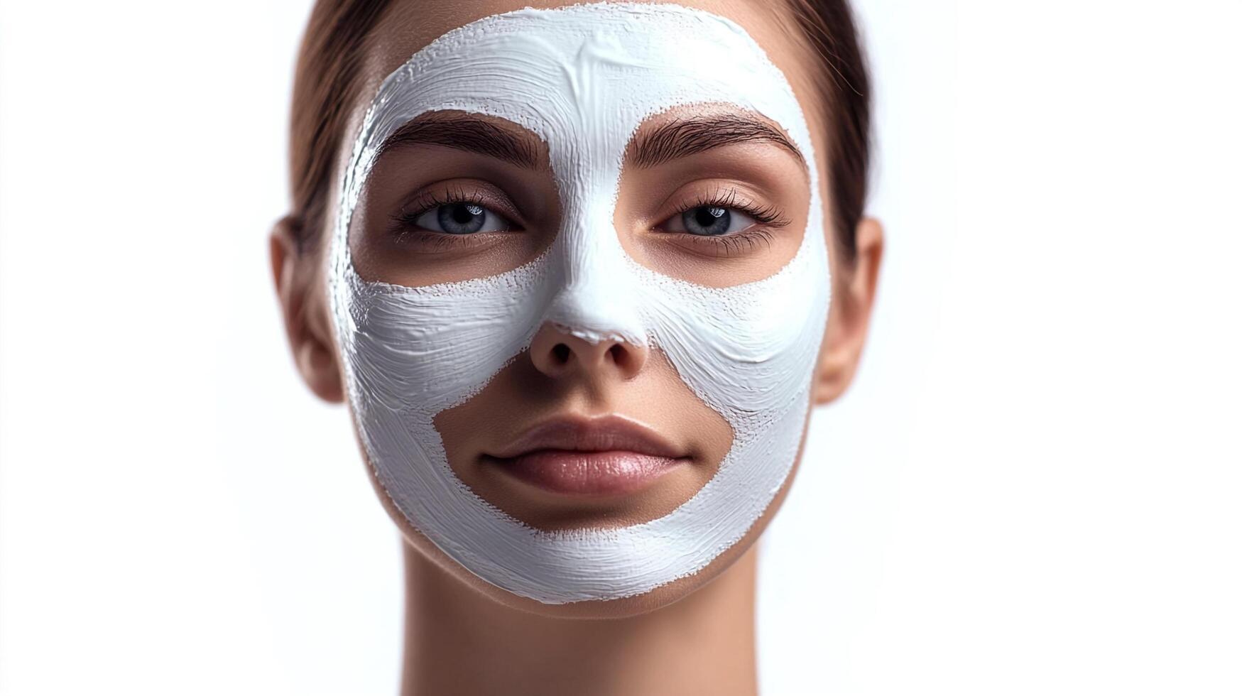 Close-up of a woman's face with a white beauty mask applied, emphasizing skincare and pampering in a minimalist studio setting. photo