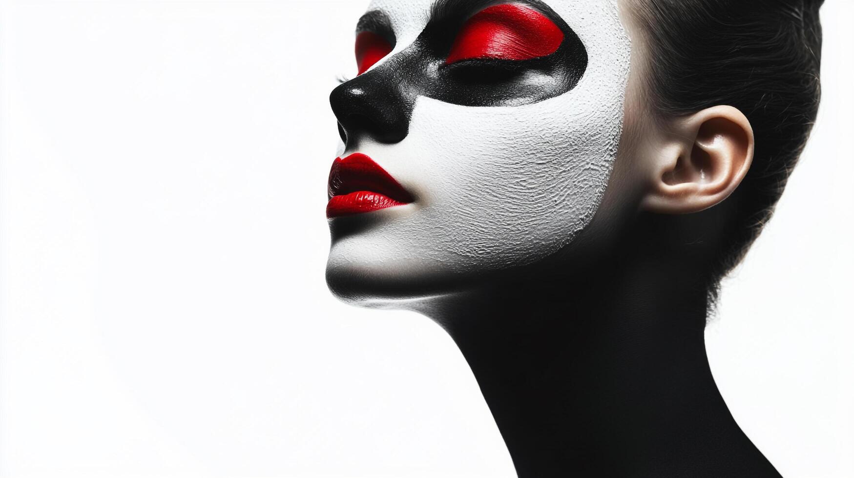 Striking makeup art featuring bold red lips and black and white face paint, blending elegance with a theatrical flair on a light backdrop. photo