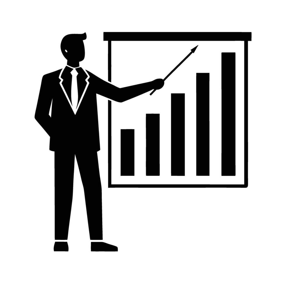 Dynamic corporate presenter highlighting key metrics on a bar chart for analysis vector