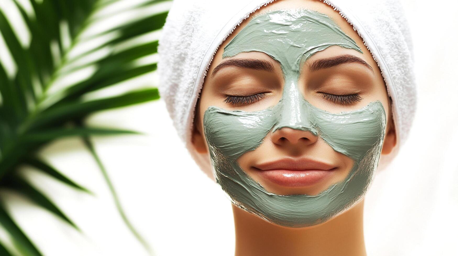 Woman with clay mask and towel on her head, eyes closed in relaxation. Greenery in the background creates a spa atmosphere. photo