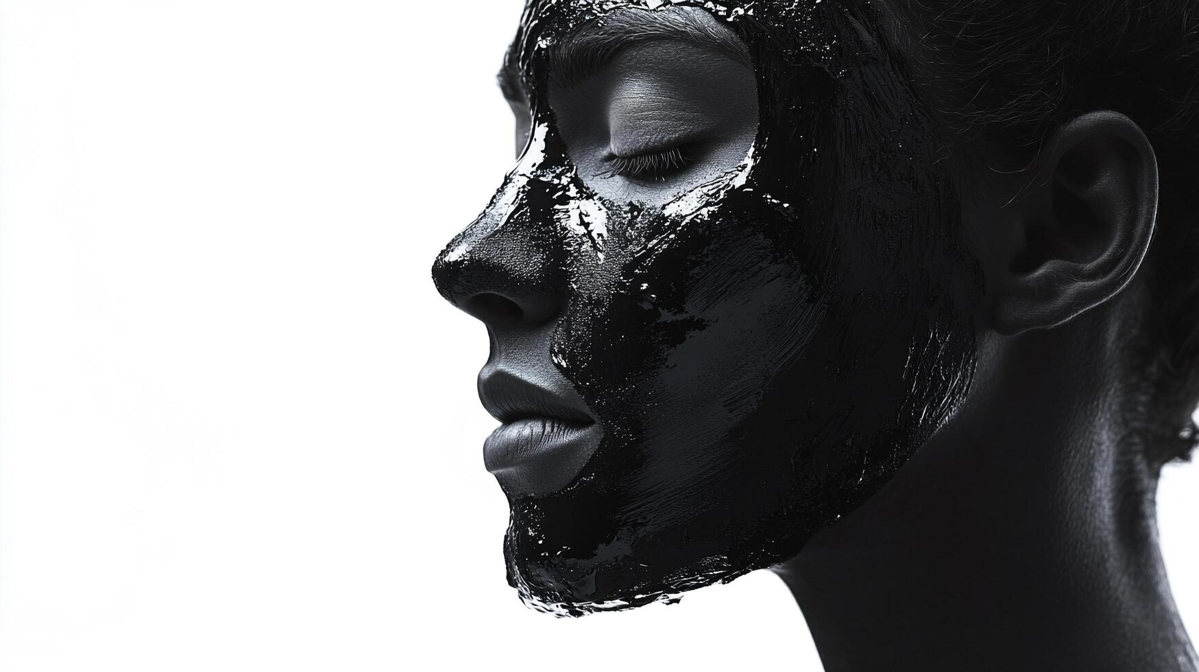 A monochrome image of a woman with her eyes closed and her face covered in a smooth black substance against a bright white background. photo