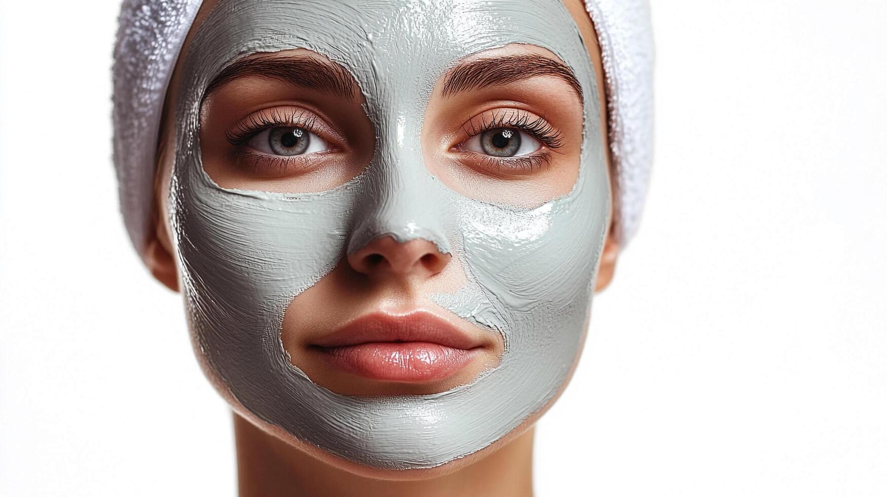 Woman's face covered in facial mask. She is wearing a towel on her head, eyes are opened looking straight. Isolated on white background. photo