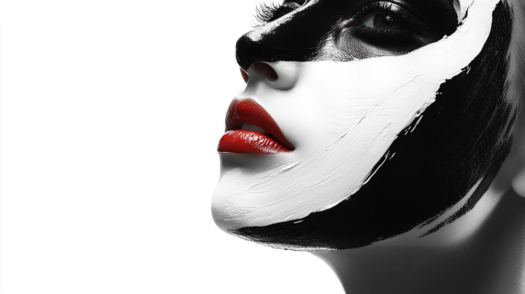 Striking monochrome portrait of a woman with bold, artistic black and white face paint, accentuated by vivid red lips, against a white background. photo