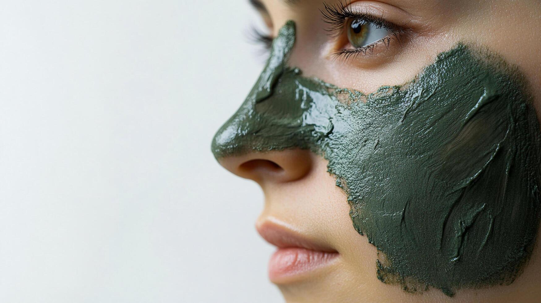 A serene close-up captures a woman's face partially covered with a green clay mask, highlighting skincare and self-care rituals. photo