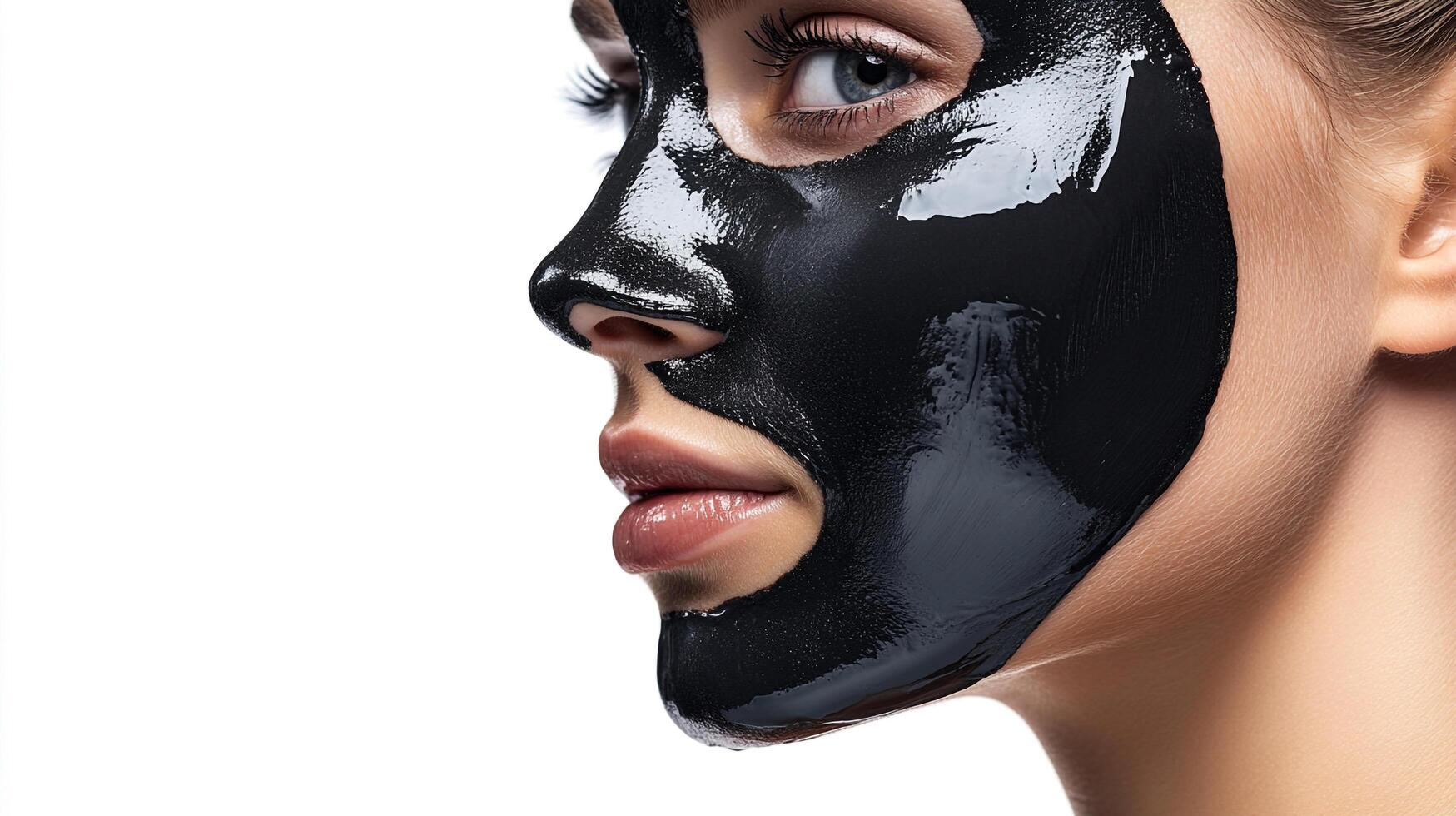 Close-up of a woman's face covered in a black facial mask, focusing on skincare and beauty. The mask creates a striking contrast. photo