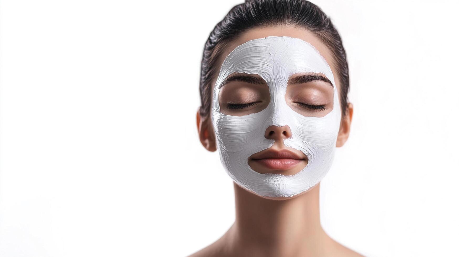 Woman with a soothing white face mask is relaxing with her eyes closed for a moment of tranquility and beauty in front of plain backdrop. photo