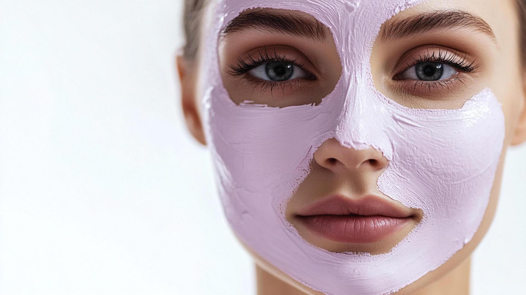 Woman wearing light purple facial mask. Close up shot of beauty treatment for healthy skin. Beautiful woman with face mask on half of face. photo