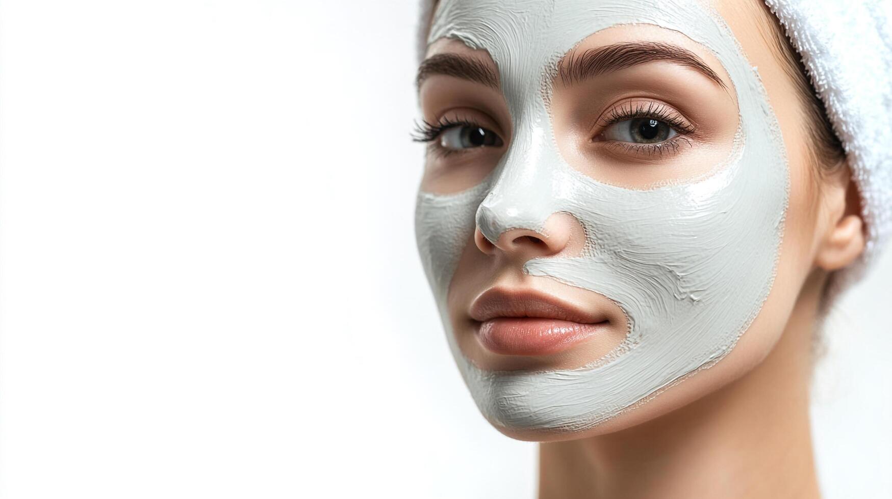 Woman with facial mask. Young woman with beauty treatment on her face and a towel in her hair against white backdrop, wellness and skin care photo