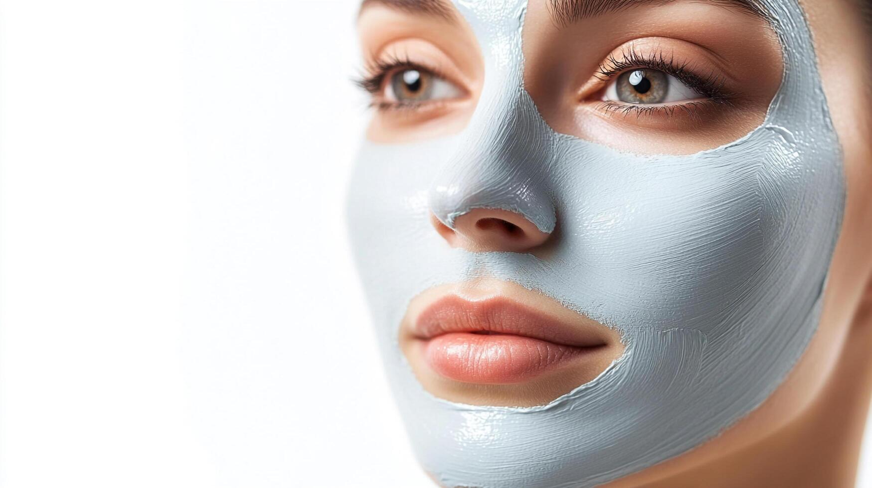Woman with a clay face mask, looking serene and healthy, in a studio shot on a white background. Skin cleansing and beauty concept. photo
