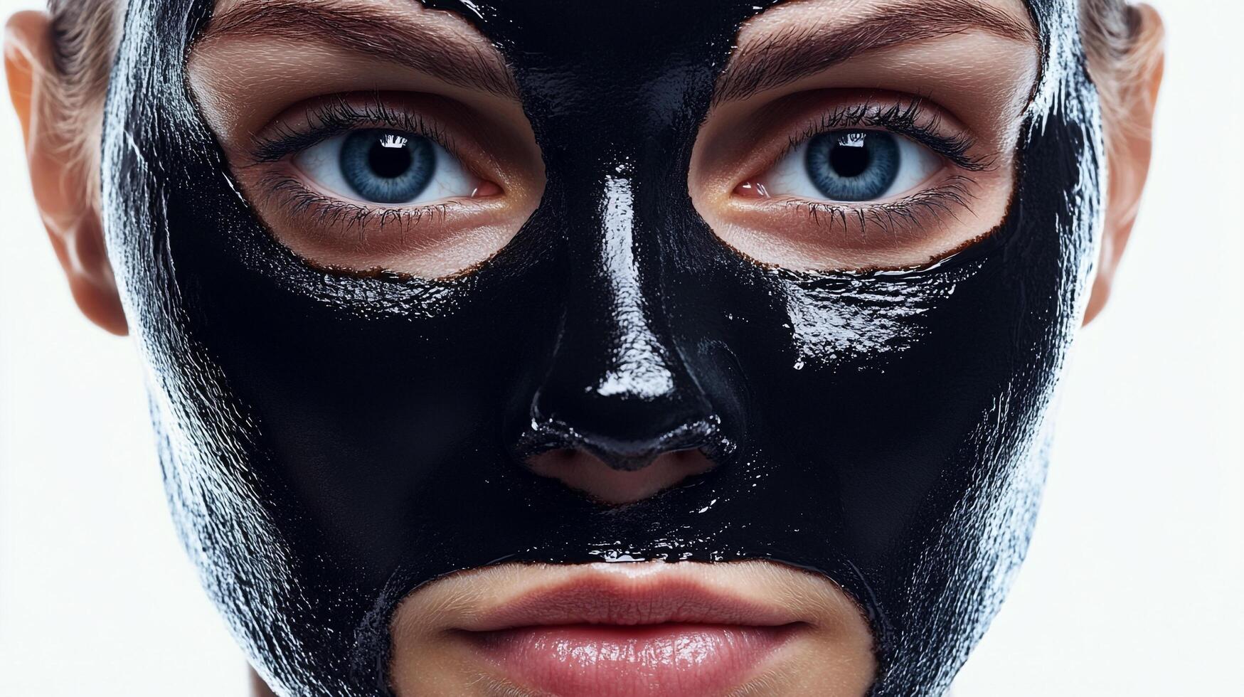 Woman with a full face mask treatment to enhance skin beauty, showing off her radiant eyes and the mask's smooth finish. photo
