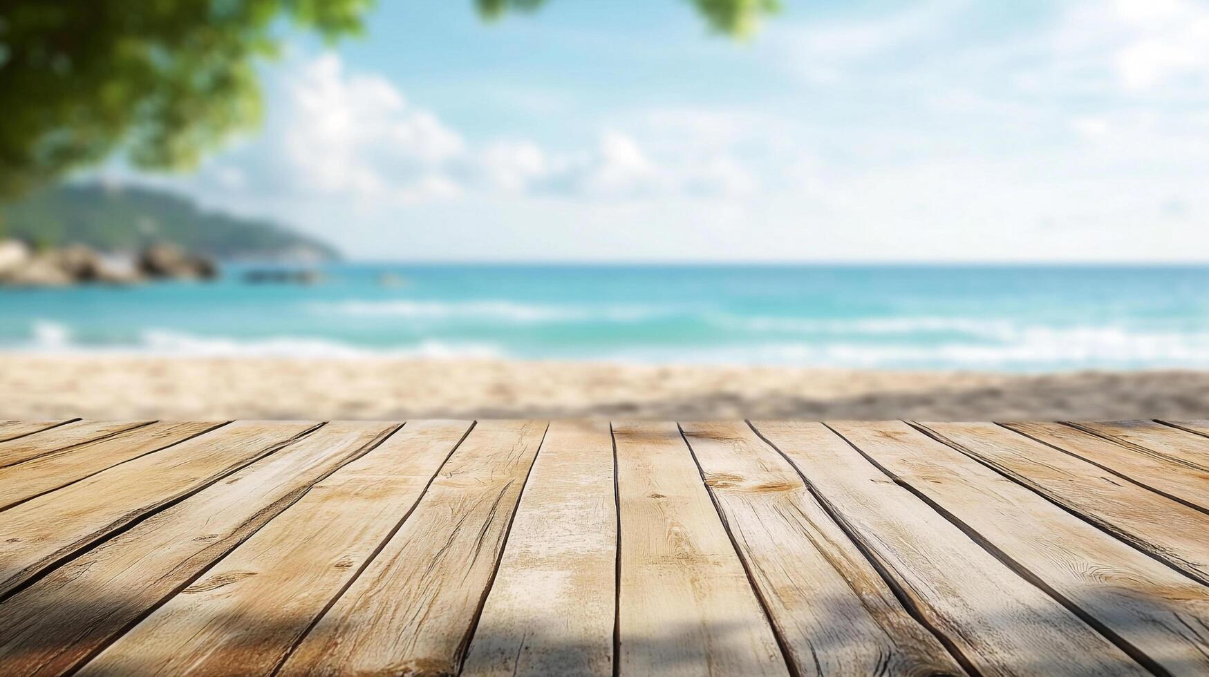 Serene beach view from a wooden deck. Perfect for summer vibes and relaxing getaways. The clear blue water and sky invite tranquility. photo