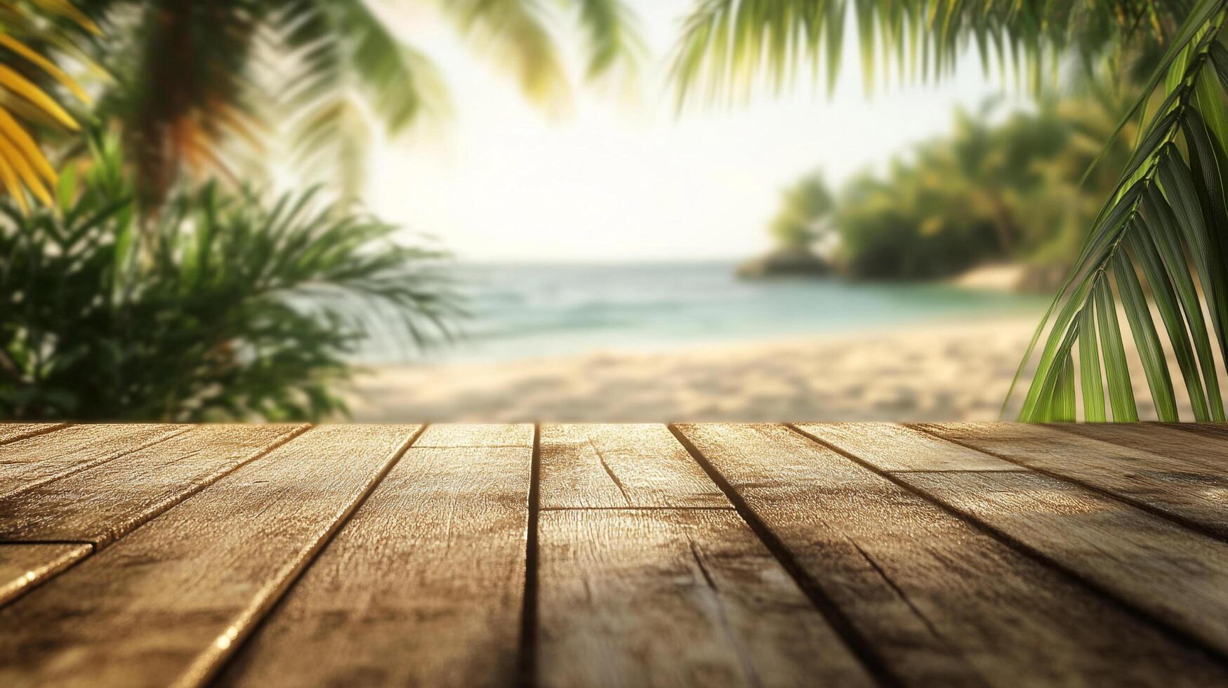 Tropical beach scene with palm trees, golden sand, and a wooden deck, perfect for vacation and relaxation. Relaxing tropical paradise. photo