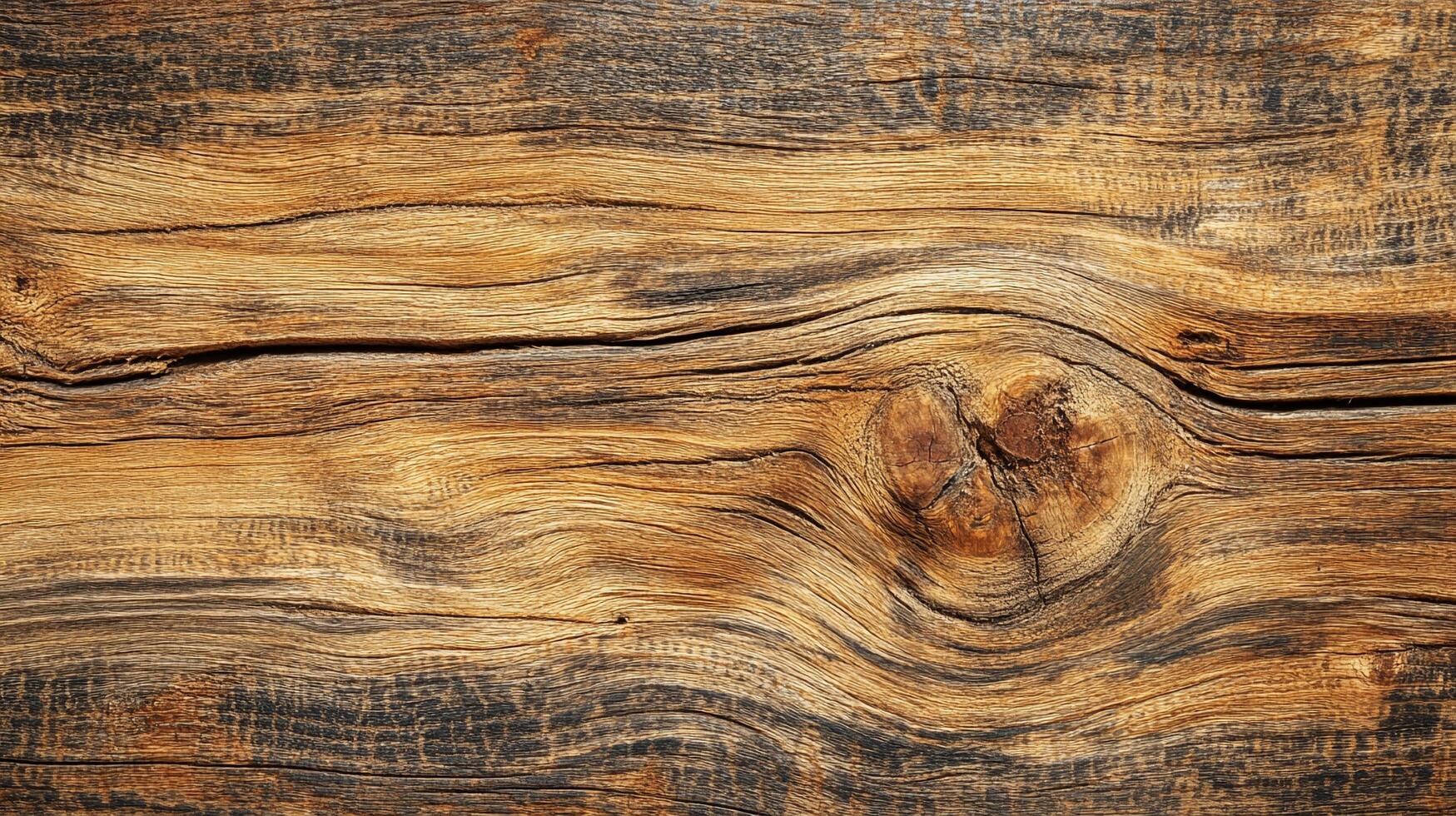 Wooden plank with a knot. A detailed close up shows the wood grain texture, with dark accents. The wood has a warm golden brown tone. photo