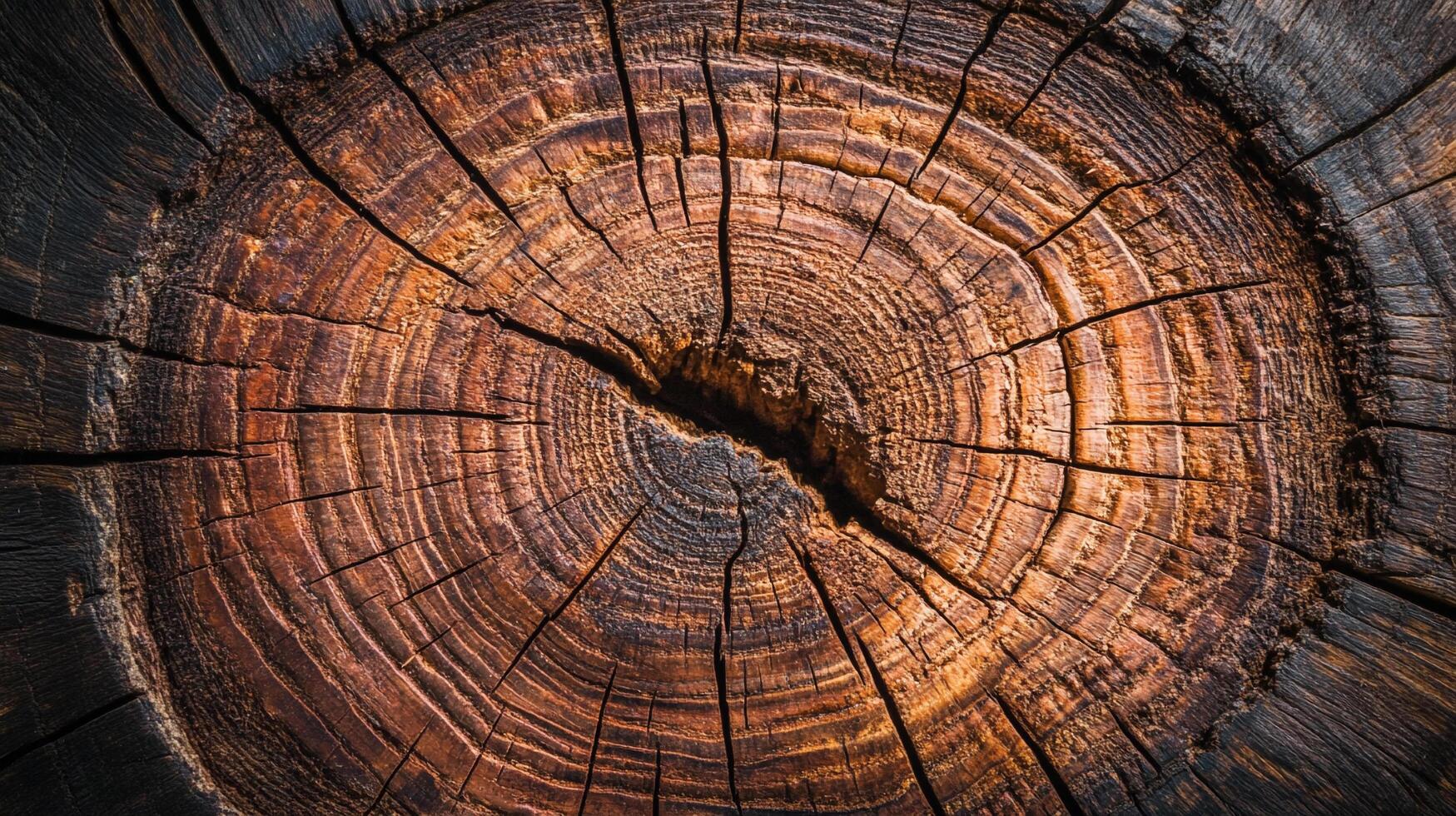 Detailed view of a tree trunk's cut surface showcases growth rings, cracks, and textures. The tree's history etched in wood. photo