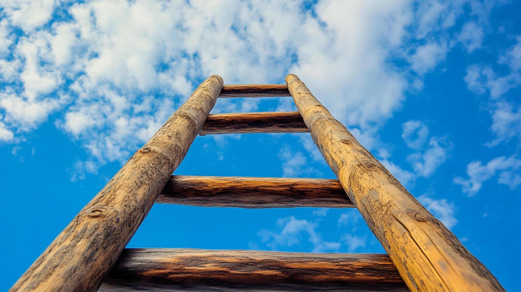 Wooden ladder reaching towards a vibrant blue sky filled with fluffy white clouds, symbolizing aspiration, progress and reaching new heights. photo