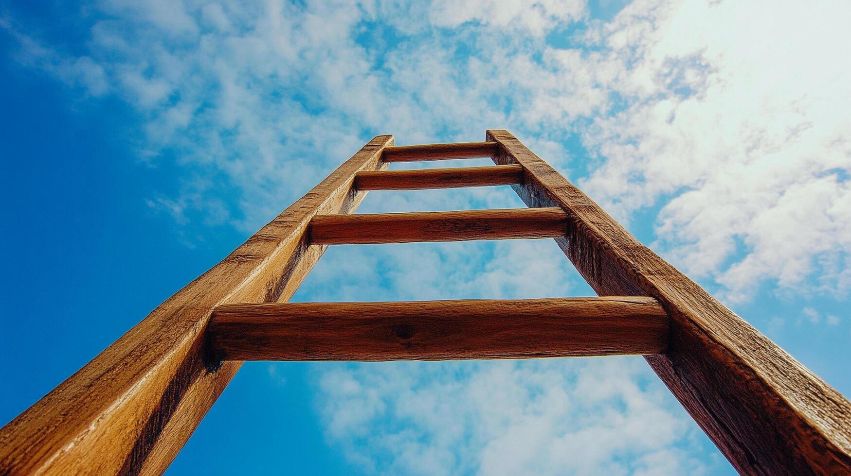 Ladder reaching towards a vibrant blue sky with scattered clouds, symbolizing aspiration, growth, and progress. Upward journey concept. photo