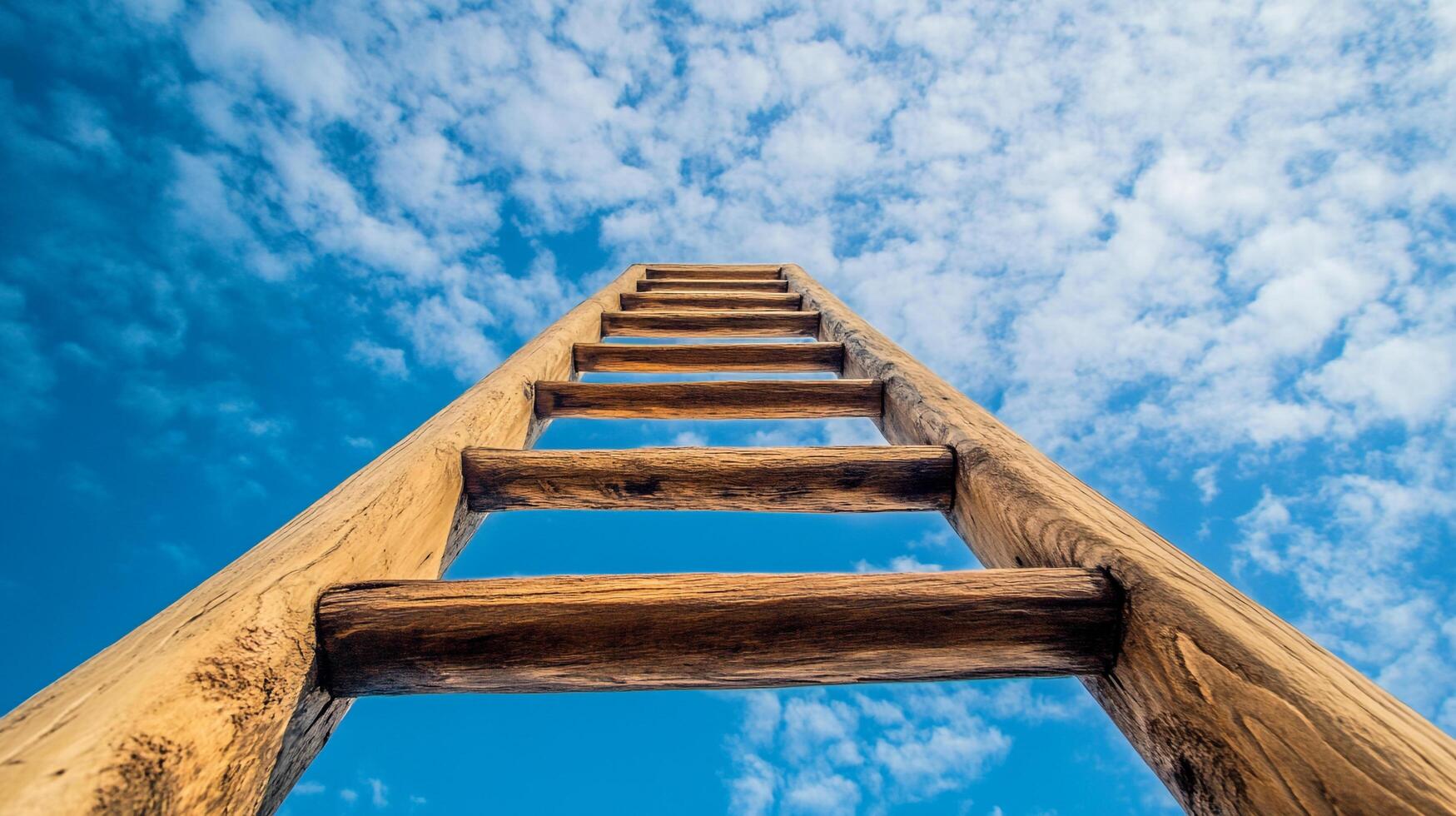 Wooden ladder stretches upwards into a bright blue sky filled with fluffy white clouds, symbolizing growth, aspiration, and achievement. photo