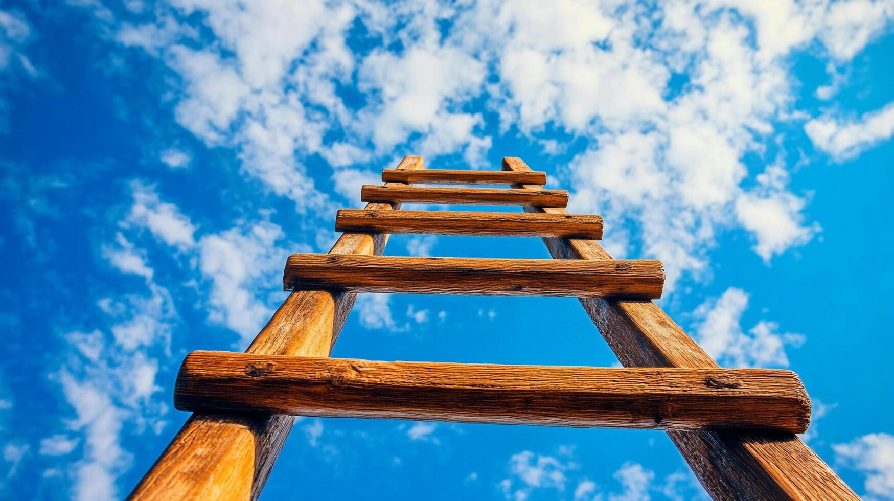 Wooden ladder extends towards a bright blue sky filled with fluffy white clouds, symbolizing growth, aspiration, and reaching for success. photo