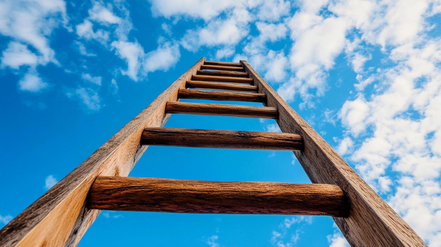 A wooden ladder stretches upward against a vibrant blue sky dotted with fluffy white clouds, symbolizing aspiration and progress. photo