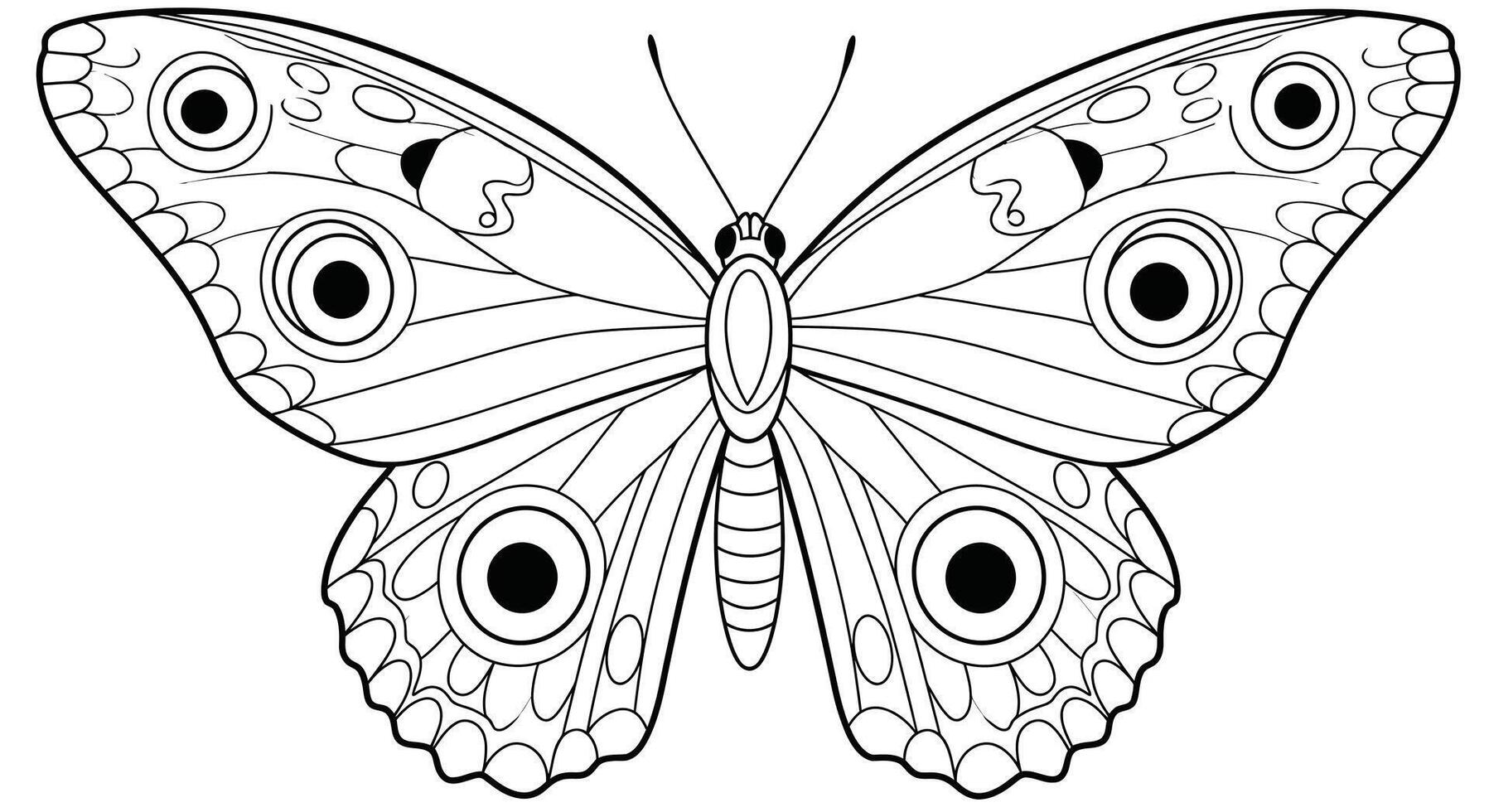 Coloring page featuring a butterfly with large circular patterns on its wings vector