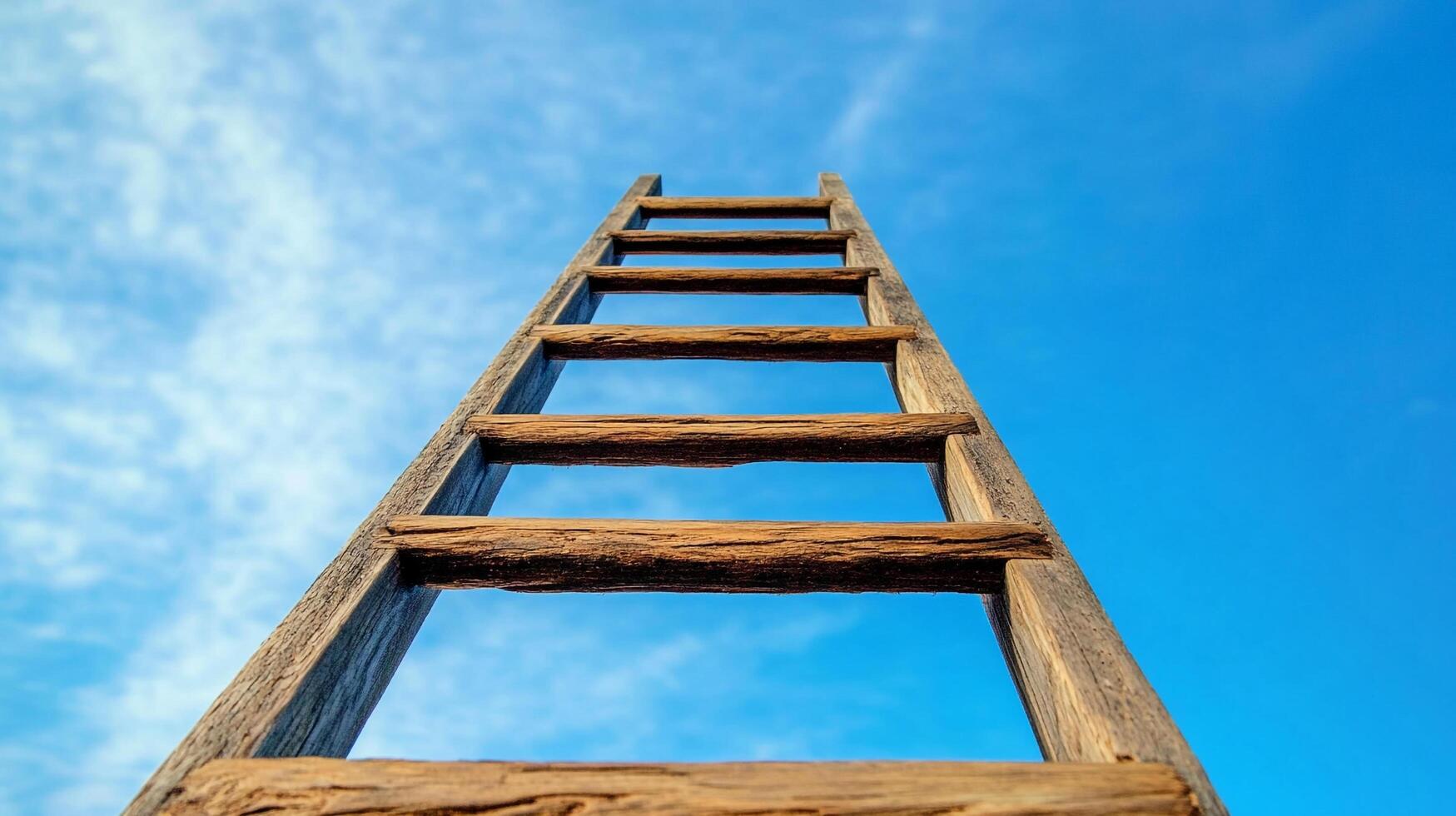 A weathered wooden ladder stretches toward a bright blue sky dotted with wispy clouds, symbolizing upward mobility and aspiration. photo