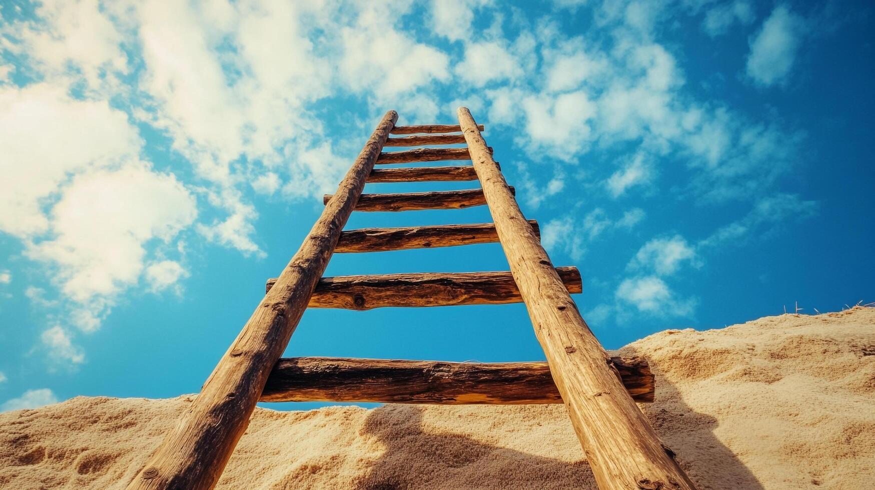 Wooden ladder ascending against a vibrant blue sky with scattered clouds, symbolizing opportunity and upward trajectory under the expansive sky. photo