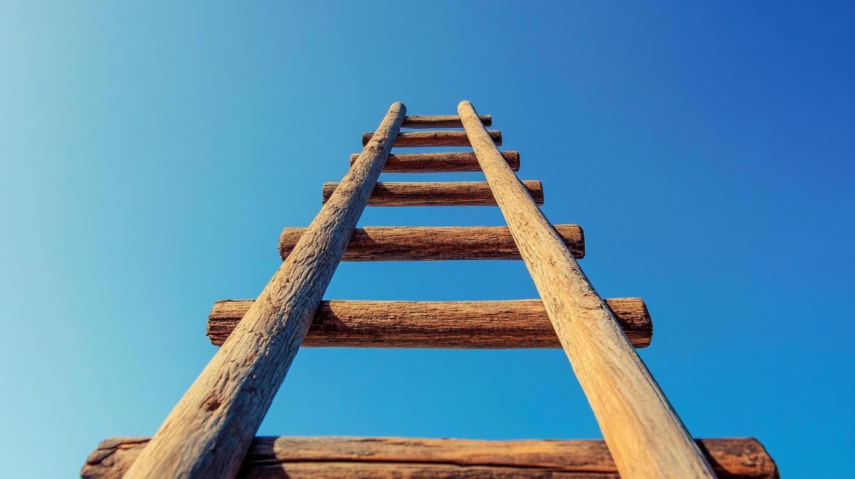 Wooden ladder reaches to the expansive clear blue sky. The weathered wood gives a rustic feel to the aspiration concept. photo