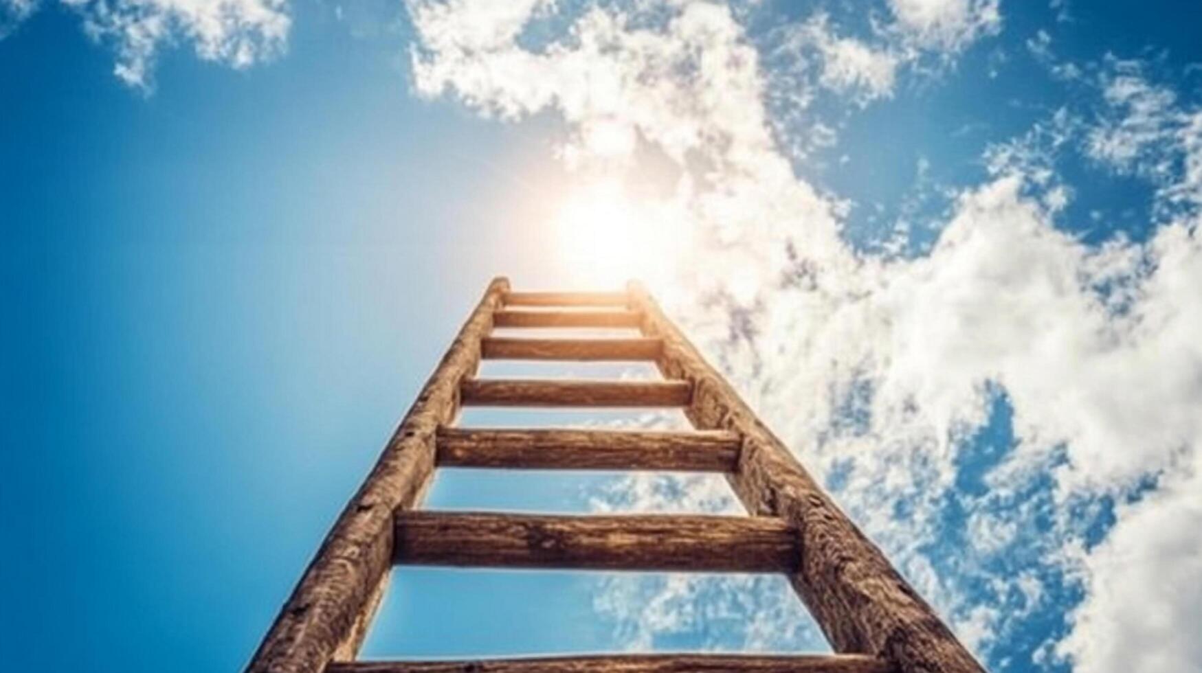Rustic wooden ladder stretches skyward against a bright blue backdrop dotted with fluffy white clouds. The sun shines above the ladder. photo