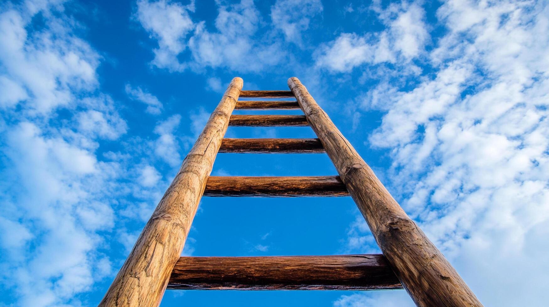 Looking up at a rustic wooden ladder ascending into a bright blue sky with scattered white clouds, symbolizing hope and upward mobility. photo