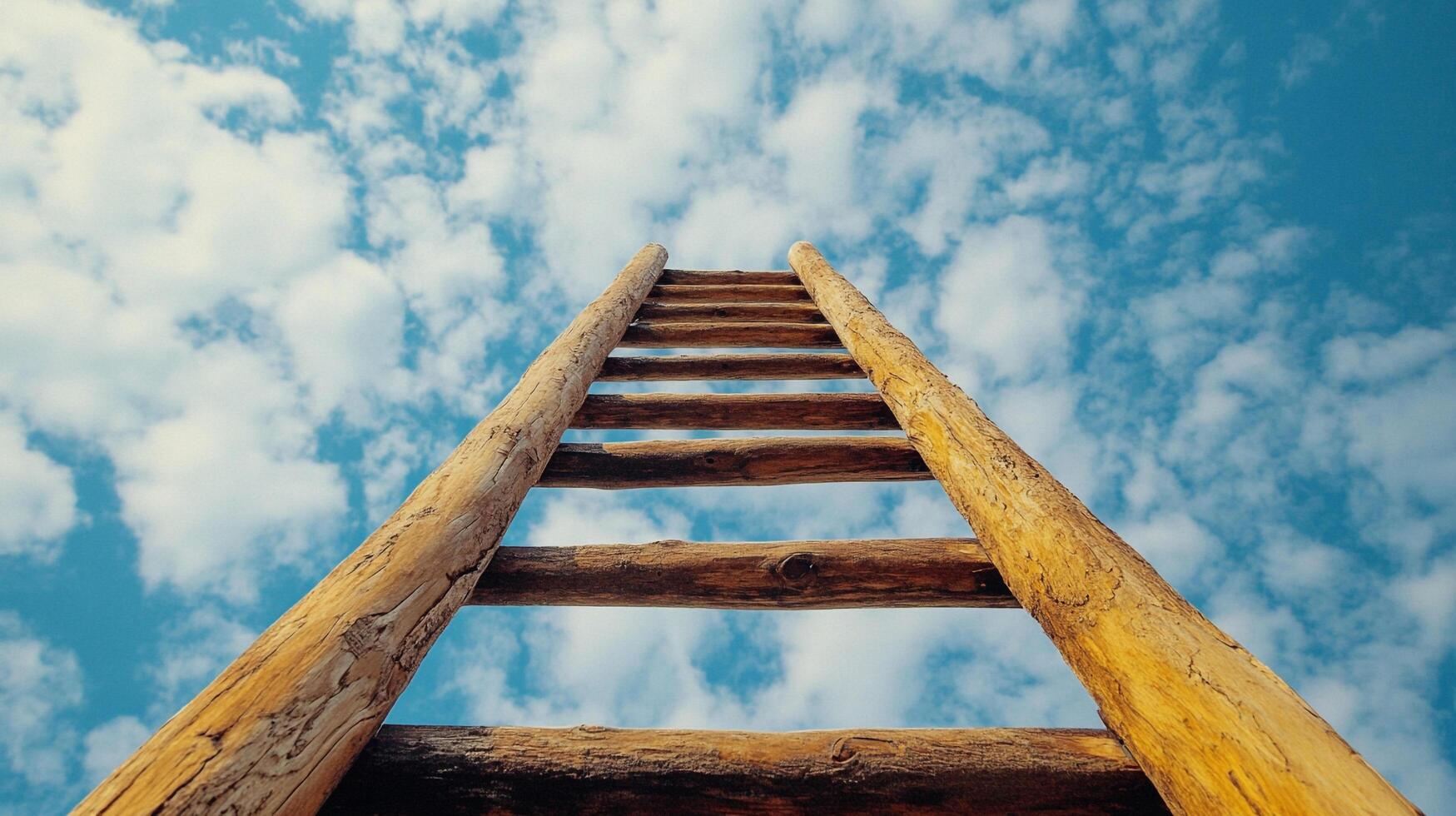 Ladder to the sky, leading upwards. Rustic wooden ladder contrasting the blue and cloudy sky, symbolising aspirations and upward climb. photo