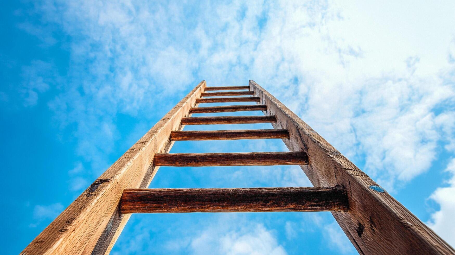 Looking up a wooden ladder against a vibrant blue sky filled with scattered clouds, symbolizing ambition, progress, and reaching new heights. photo
