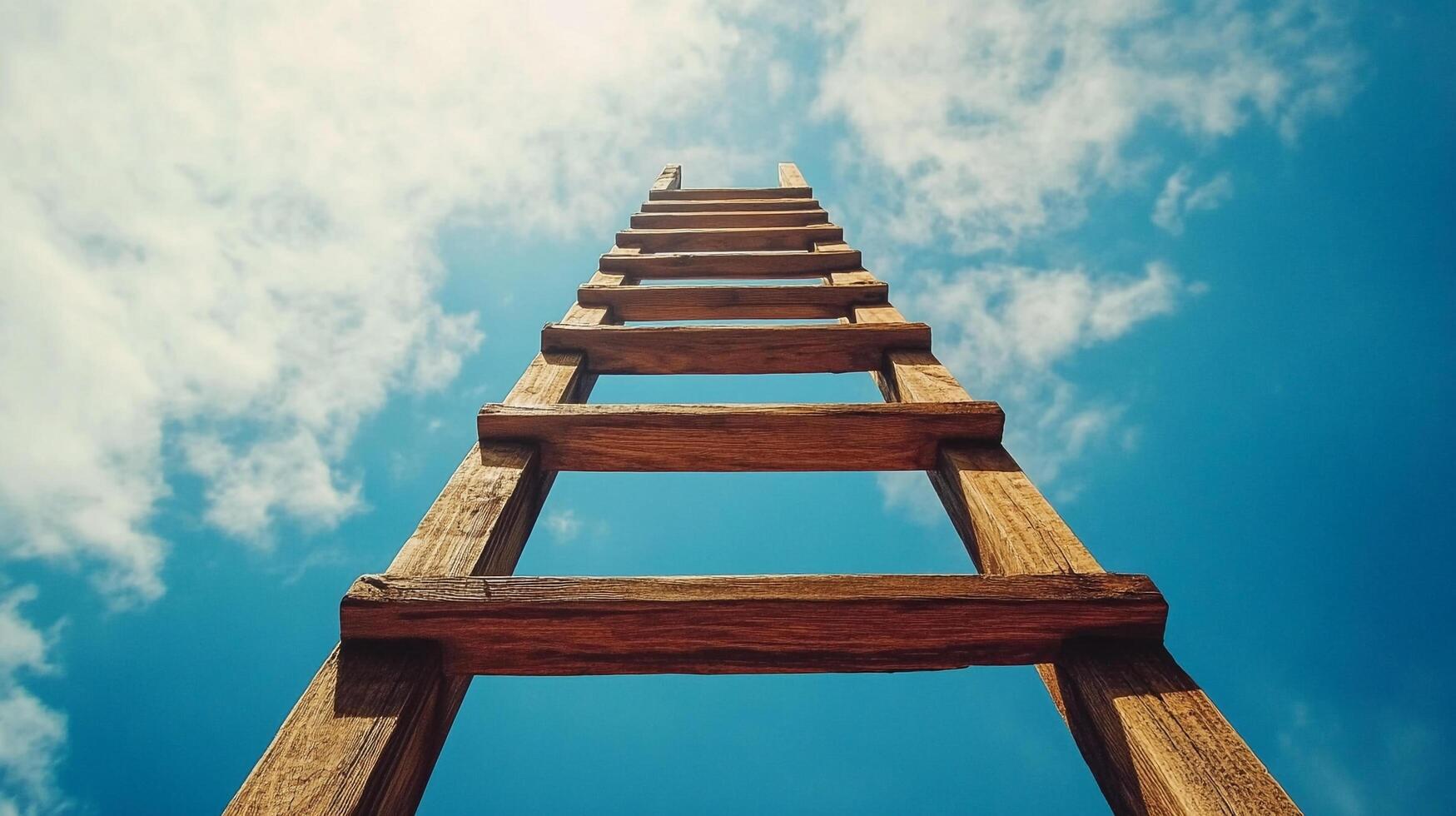 A weathered wooden ladder stretches upwards, disappearing into a bright blue sky filled with fluffy white clouds on a summer afternoon. photo