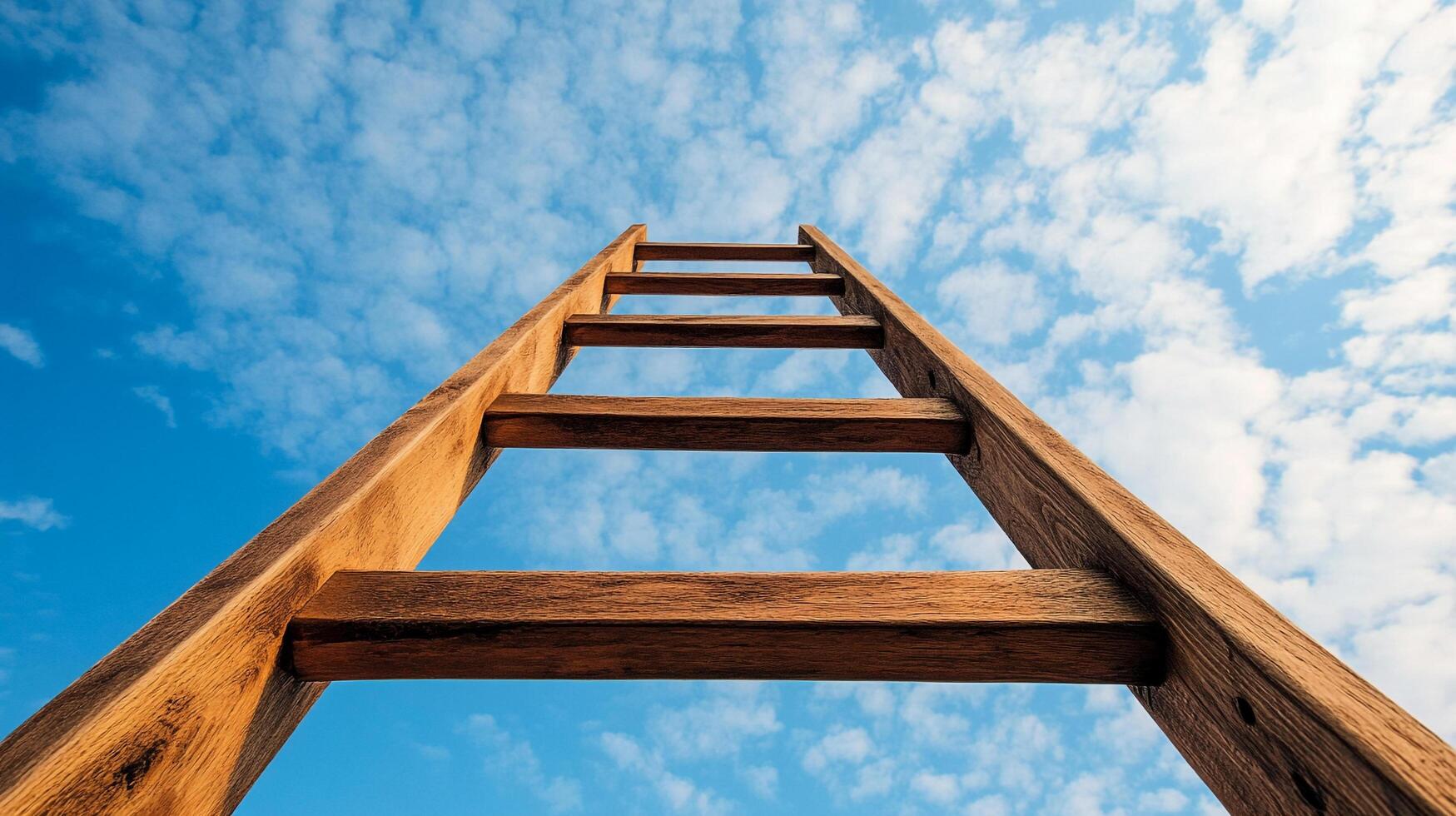 Wooden ladder reaching up into a bright blue sky dotted with fluffy white clouds. A symbol of ambition and upward progress. photo