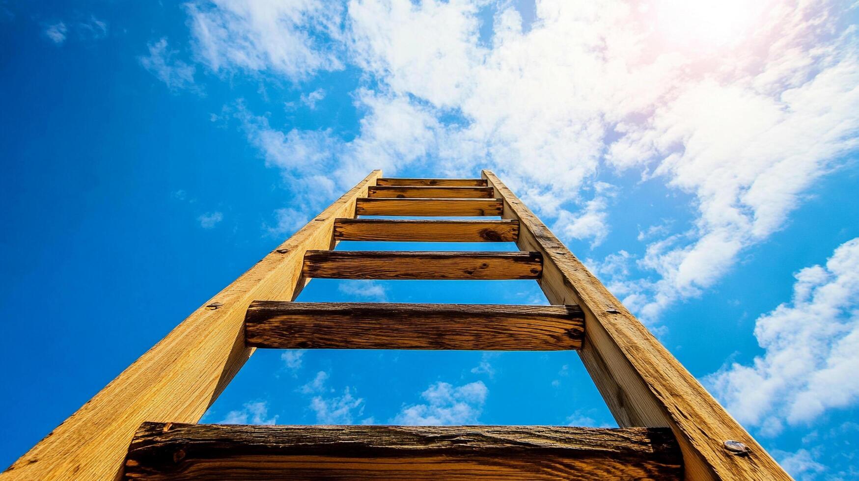 Ascending a weathered wooden ladder against a bright blue sky filled with fluffy clouds, symbolizing growth, opportunity and progress. photo