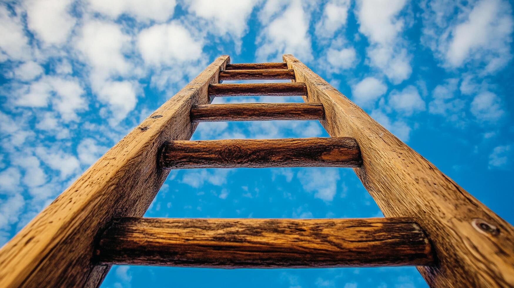 Wooden ladder reaching towards the sky, symbolizing growth and upward movement, set against a backdrop of fluffy clouds. photo